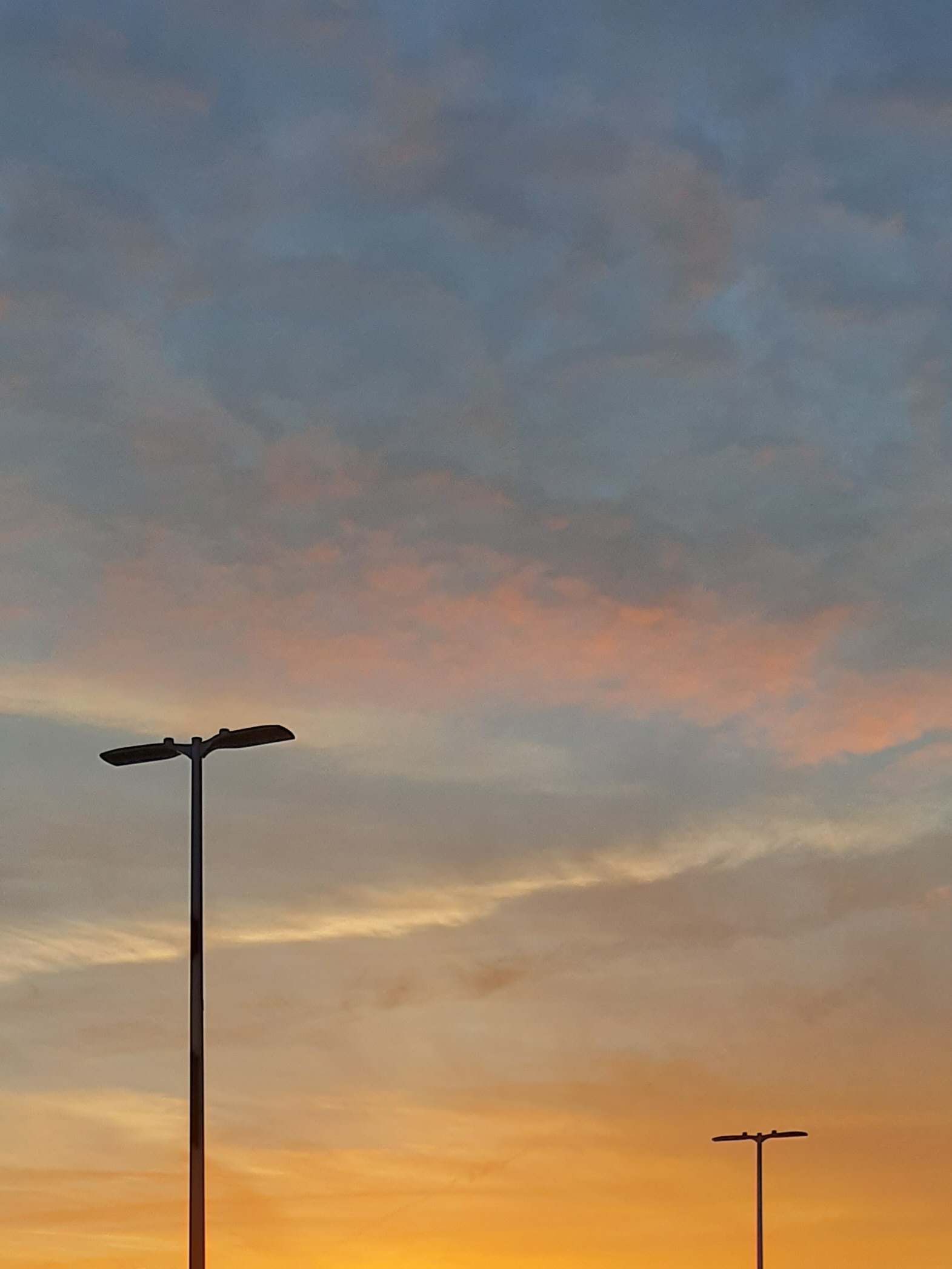 Blue and orange sunset with tops of streetlights