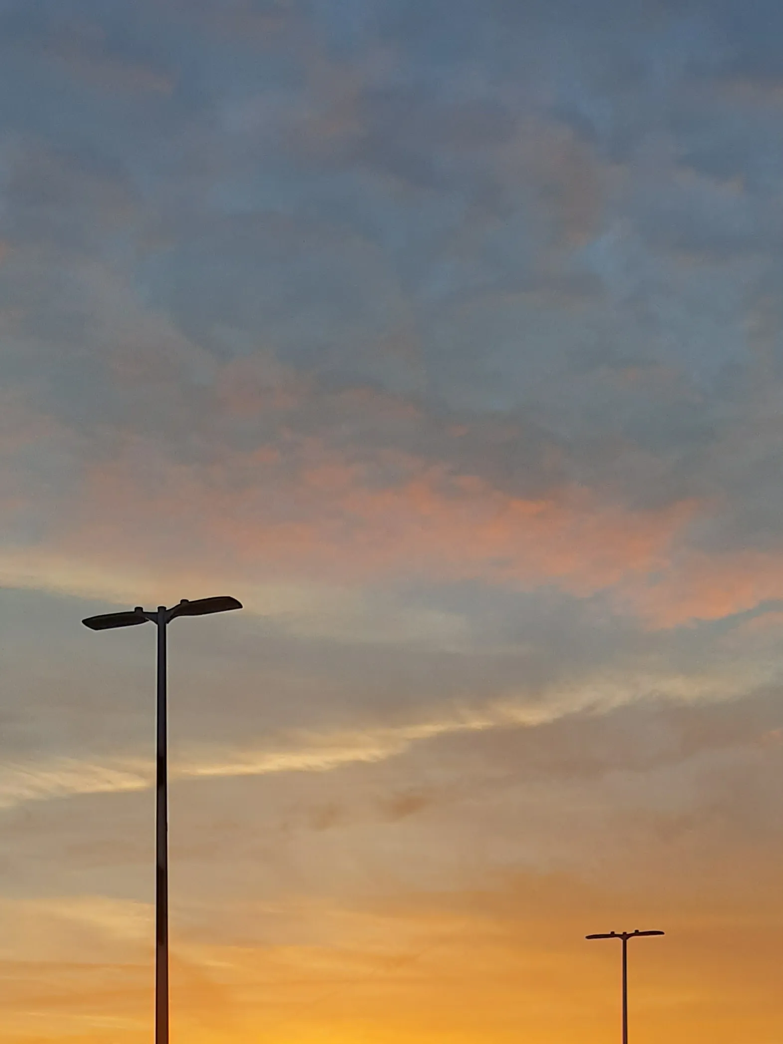 Blue and orange sunset with tops of streetlights