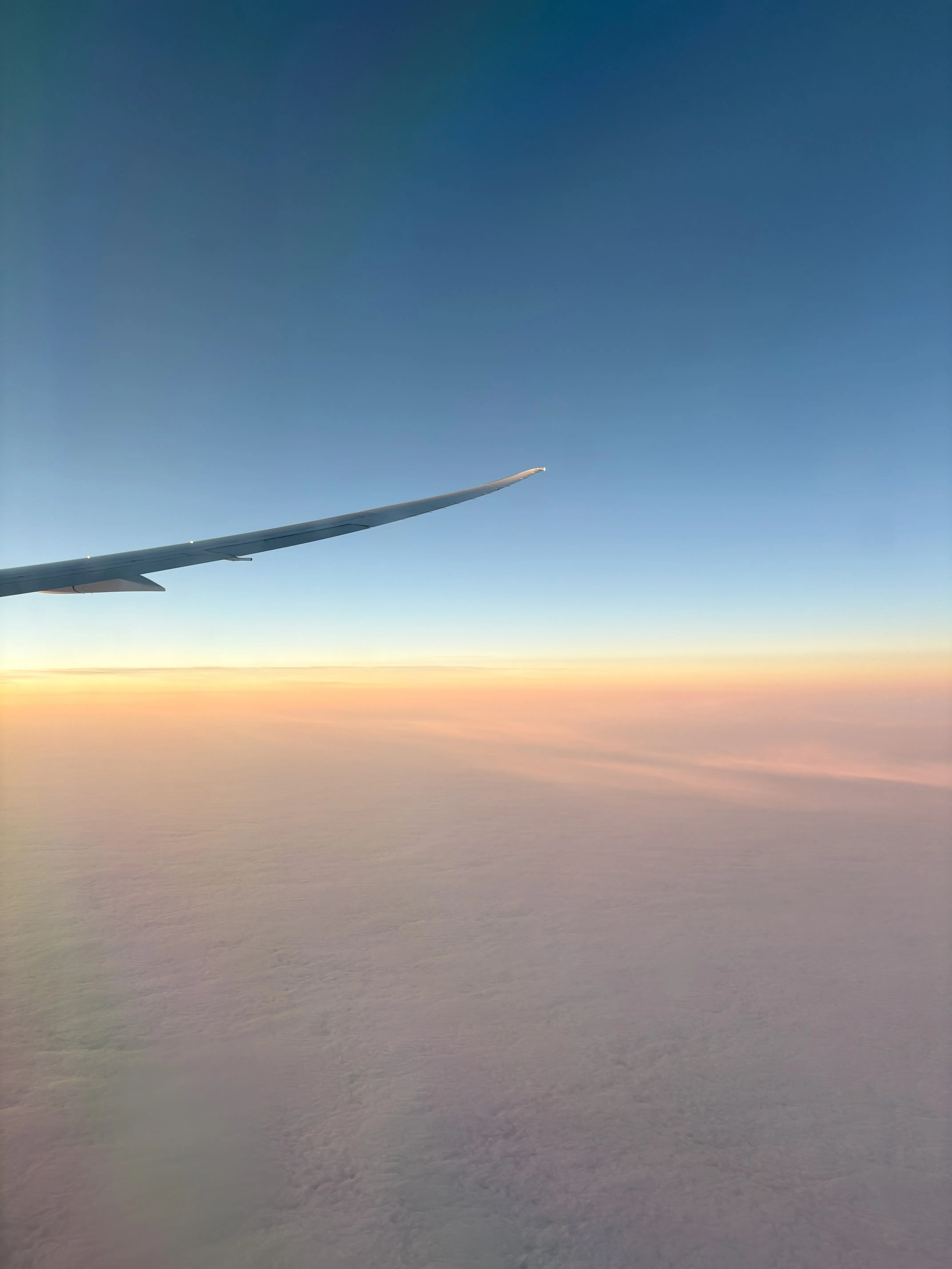 Pink and blue sunset from airplane window