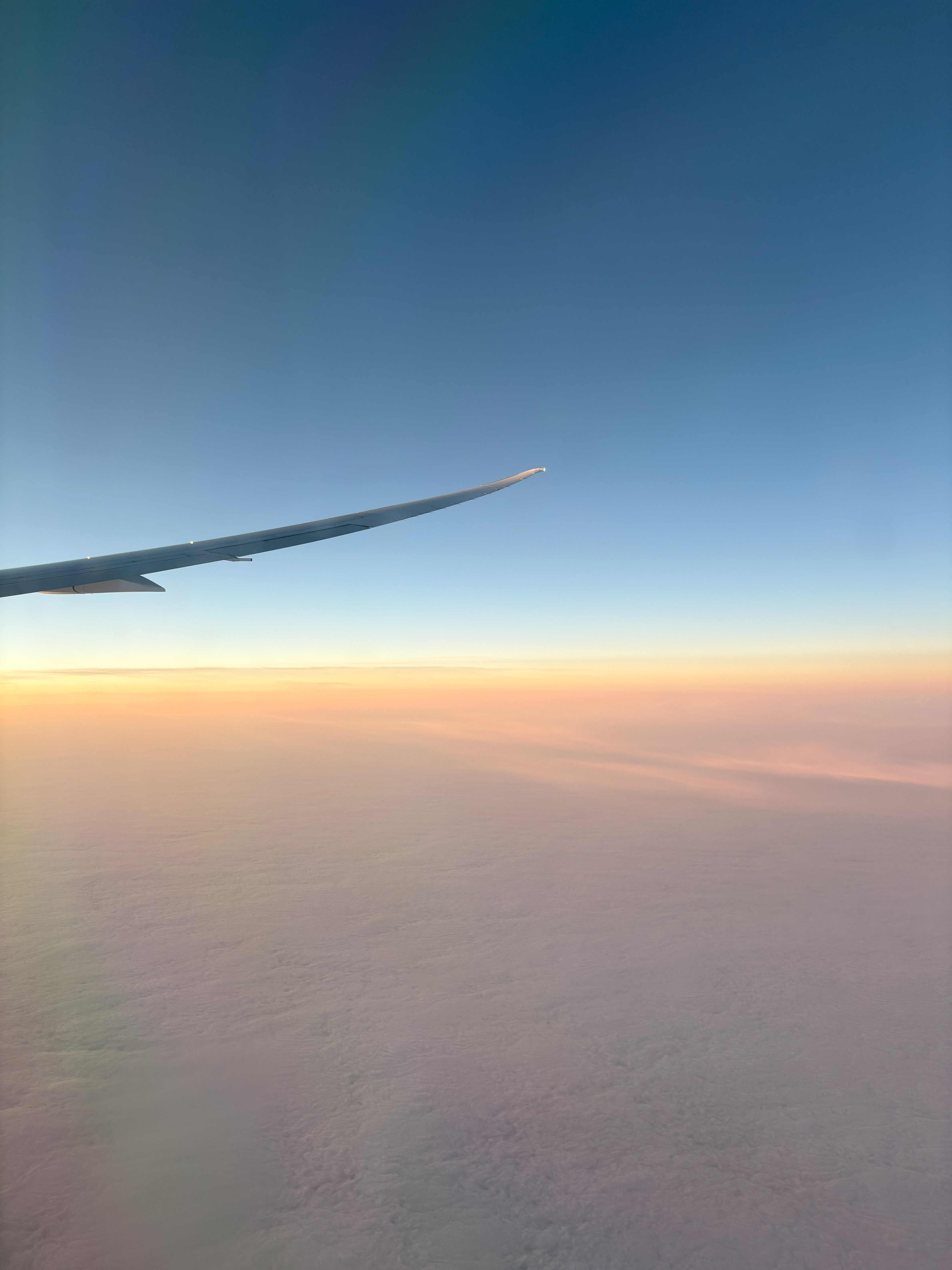 Pink and blue sunset from airplane window